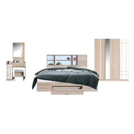 ชุดห้องนอน + ที่นอนสปริง 6 ฟุต WISDOM DESIGN FURNITURE รุ่น NANA-L สีบัตเตอร์/ขาว ลิ้นชักท้ายเตียง_0